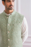 White Plain Silk Jacket Style Men's Kurta Churidar