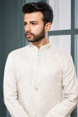 White Poly Cotton Men Churidar Kurta Pajama