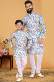 Floral Printed White Cotton Father Son Kurta Pajama