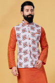 White Printed Cotton Straight Cut Men Waist Coat