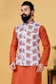 White Printed Cotton Straight Cut Men Waist Coat