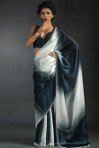 White & Prussian Blue Satin Silk Stone embellished Fancy Saree