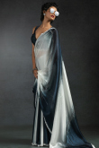 White & Prussian Blue Satin Silk Stone embellished Fancy Saree