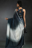 White & Prussian Blue Satin Silk Stone embellished Fancy Saree