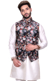 White Raw Silk Kurta Pajama With Printed Waist Coat