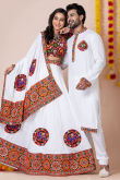 White Rayon Patch Embroidered Couple's Outfit 