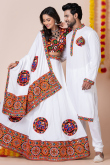 White Rayon Patch Embroidered Couple's Outfit 