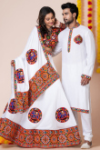 White Rayon Patch Embroidered Couple's Outfit 