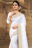 White Georgette Stone Beaded Saree With Lace Border