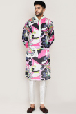 White Satin Printed Straight Cut Men's Kurta Pajama 