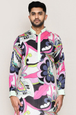 White Satin Printed Straight Cut Men's Kurta Pajama 
