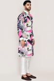 White Satin Printed Straight Cut Men's Kurta Pajama 