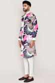 White Satin Printed Straight Cut Men's Kurta Pajama 