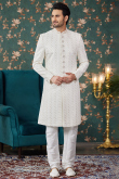 White Silk Blend Embroidered Jacket Style Men's Sherwani 