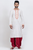 White Silk Blend Embroidered Men's Kurta With Dhoti