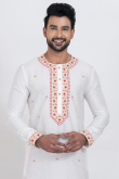 White Silk Blend Embroidered Men's Kurta With Dhoti