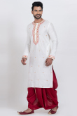 White Silk Blend Embroidered Men's Kurta With Dhoti