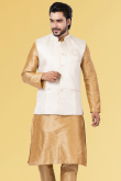 Weaved Thread Work White Men Waist Coat in Silk for Party 