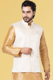 Weaved Thread Work White Men Waist Coat in Silk for Party 