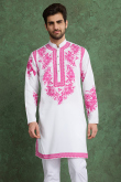 White Viscose Men’s Kurta with Printed Work For Casual Wear