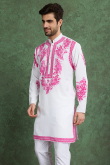 White Viscose Men’s Kurta with Printed Work For Casual Wear