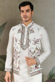 White Viscose Silk Men's Kurta Pajama With Embroidered Jacket