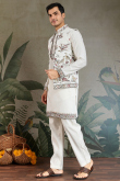 White Viscose Silk Men's Kurta Pajama With Embroidered Jacket