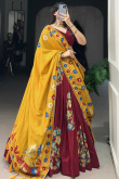 Wine Maroon A Line Silk Blend Printed Lehenga For Festival 