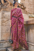 Wine Maroon Broad Border Organza Weaved Handloom Saree 