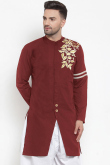 wine maroon Cotton Embroidered Men Kurta