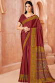 Wine Maroon Crepe Saree With Printed Work For Casual Wear