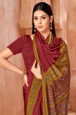 Wine Maroon Crepe Saree With Printed Work For Casual Wear