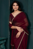 Wine Maroon Crepe Saree With Stone Work For Diwali