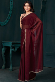 Wine Maroon Crepe Saree With Stone Work For Diwali