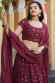 Wine Maroon Embroidered Georgette A Line Lehenga 