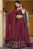 Wine Maroon Embroidered Georgette A Line Lehenga 
