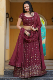Wine Maroon Embroidered Georgette A Line Lehenga 