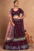 Wine Maroon Georgette Sequins Embroidered Flared Style Lehenga