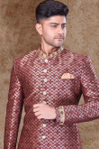 Wine Maroon Jacquard Embroidered Men Sherwani