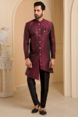 Wine Maroon Jacquard Woven Men Sherwani