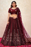 Wine Maroon Maroon Silk Blend Lehenga With Sequins Work For Weddings