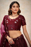 Wine Maroon Maroon Silk Blend Lehenga With Sequins Work For Weddings