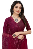 Wine Maroon Net Embroidered Saree