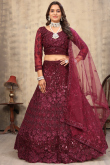 Wine Maroon Net Lehenga With Sequins Work For Weddings