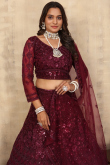 Wine Maroon Net Lehenga With Sequins Work For Weddings