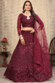 Wine Maroon Net Lehenga With Sequins Work For Weddings