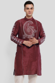Wine Maroon Printed Dupion Silk Men's Kurta For Sangeet 