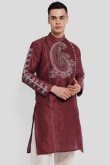 Wine Maroon Printed Dupion Silk Men's Kurta For Sangeet 