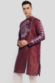 Wine Maroon Printed Dupion Silk Men's Kurta For Sangeet 