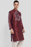 Wine Maroon Printed Dupion Silk Men's Kurta For Sangeet 
